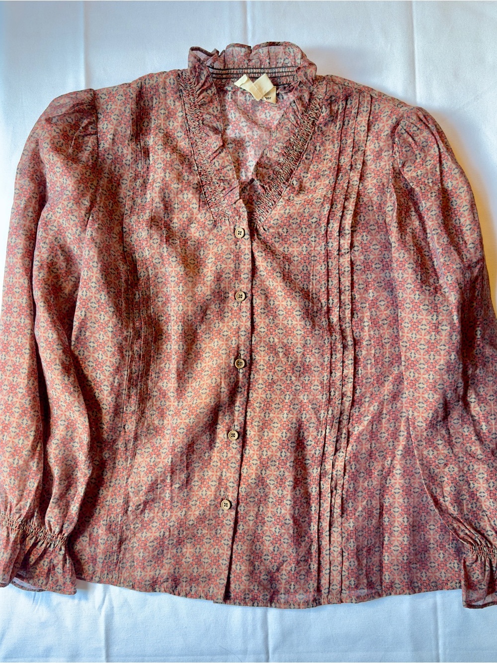 The Korner Retro Inspired Sheer Floral Pintuck Ruffle Blouse in Dusty Rose